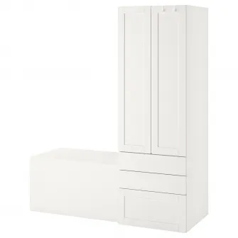 IKEA SMÅSTAD / PLATSA Ansamblu depozitare, alb cu cadru/cu banca, 150x57x181 cm