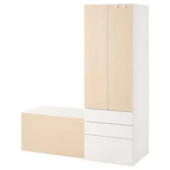 IKEA SMÅSTAD / PLATSA Ansamblu depozitare, alb mesteacan/cu banca, 150x57x181 cm