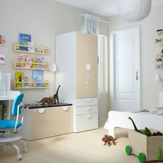IKEA SMÅSTAD / PLATSA Ansamblu depozitare, alb mesteacan/cu banca, 150x57x181 cm