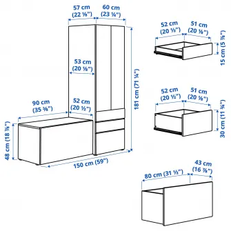 IKEA SMÅSTAD / PLATSA Ansamblu depozitare, alb mesteacan/cu banca, 150x57x181 cm