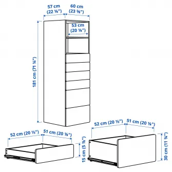 IKEA SMÅSTAD / PLATSA Biblioteca, alb alb/+ 6 sertare, 60x57x181 cm