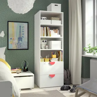 IKEA SMÅSTAD / PLATSA Biblioteca, alb alb/cu 2 sertare, 60x57x181 cm