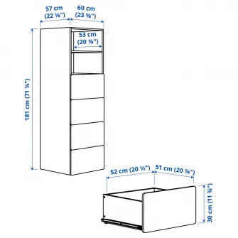 IKEA SMÅSTAD / PLATSA Biblioteca, alb cu cadru/+ 4 sertare, 60x57x181 cm