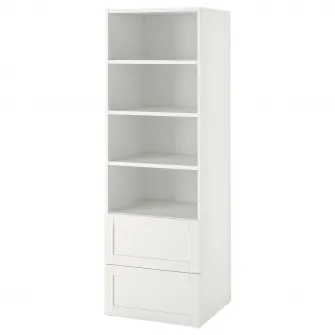 IKEA SMÅSTAD / PLATSA Biblioteca, alb cu cadru/cu 2 sertare, 60x57x181 cm