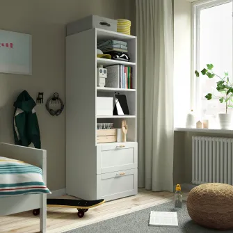 IKEA SMÅSTAD / PLATSA Biblioteca, alb cu cadru/cu 2 sertare, 60x57x181 cm