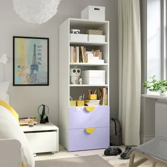 IKEA SMÅSTAD / PLATSA Biblioteca, alb lila/cu 2 sertare, 60x57x181 cm