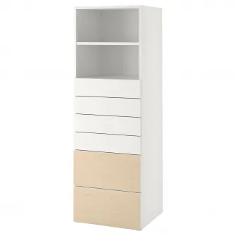 IKEA SMÅSTAD / PLATSA Biblioteca, alb mesteacan/+ 6 sertare, 60x57x181 cm