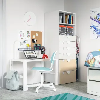 IKEA SMÅSTAD / PLATSA Biblioteca, alb mesteacan/+ 6 sertare, 60x57x181 cm