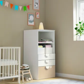 IKEA SMÅSTAD / PLATSA Biblioteca, alb mesteacan/+3 sertare, 60x57x123 cm