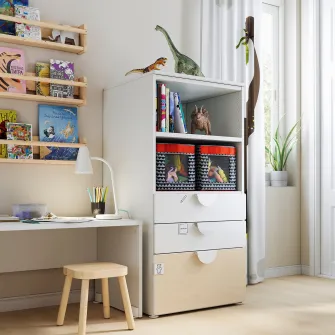 IKEA SMÅSTAD / PLATSA Biblioteca, alb mesteacan/+3 sertare, 60x57x123 cm