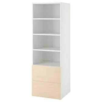 IKEA SMÅSTAD / PLATSA Biblioteca, alb mesteacan/cu 2 sertare, 60x57x181 cm