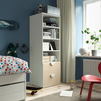 IKEA SMÅSTAD / PLATSA Biblioteca, alb mesteacan/cu 2 sertare, 60x57x181 cm