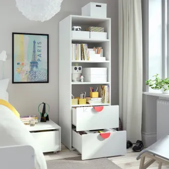IKEA SMÅSTAD / PLATSA Biblioteca, alb mesteacan/cu 2 sertare, 60x57x181 cm