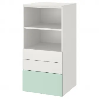 IKEA SMÅSTAD / PLATSA Biblioteca, alb verde deschis/+3 sertare, 60x57x123 cm