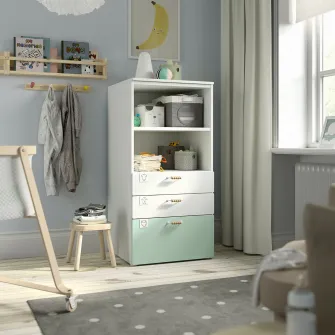 IKEA SMÅSTAD / PLATSA Biblioteca, alb verde deschis/+3 sertare, 60x57x123 cm