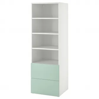 IKEA SMÅSTAD / PLATSA Biblioteca, alb verde deschis/cu 2 sertare, 60x57x181 cm