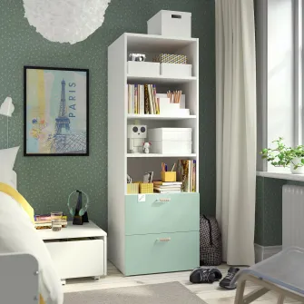 IKEA SMÅSTAD / PLATSA Biblioteca, alb verde deschis/cu 2 sertare, 60x57x181 cm