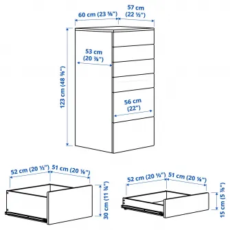 IKEA SMÅSTAD / PLATSA Comoda 6 sertare, alb/alb, 60x57x123 cm