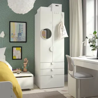 IKEA SMÅSTAD / PLATSA Dulap, alb alb/+3 sertare, 60x57x181 cm