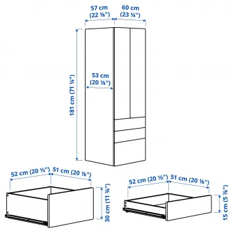 IKEA SMÅSTAD / PLATSA Dulap, alb cu cadru/cu 2 sertare, 60x57x181 cm
