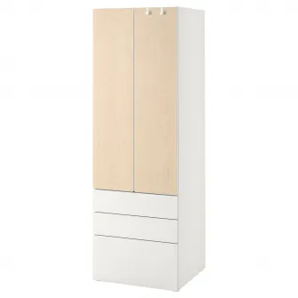 IKEA SMÅSTAD / PLATSA Dulap, alb/mesteacan +3 sertare, 60x57x181 cm