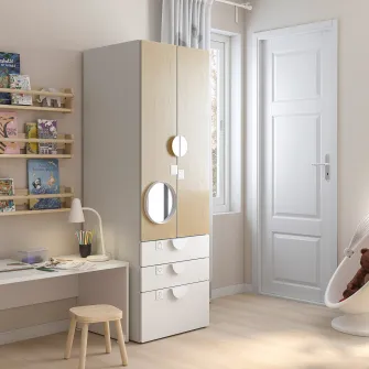IKEA SMÅSTAD / PLATSA Dulap, alb/mesteacan +3 sertare, 60x57x181 cm