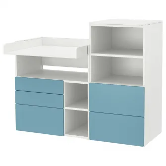 IKEA SMÅSTAD / PLATSA Masa infasat, alb albastru/cu biblioteca, 150x79x123 cm