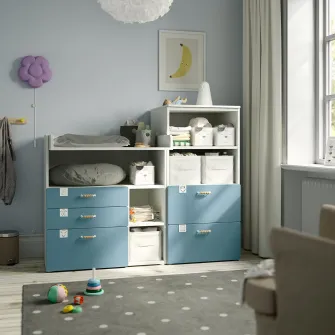 IKEA SMÅSTAD / PLATSA Masa infasat, alb albastru/cu biblioteca, 150x79x123 cm