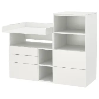 IKEA SMÅSTAD / PLATSA Masa infasat, alb alb/cu biblioteca, 150x79x123 cm