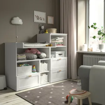 IKEA SMÅSTAD / PLATSA Masa infasat, alb cu cadru/cu biblioteca, 150x79x123 cm