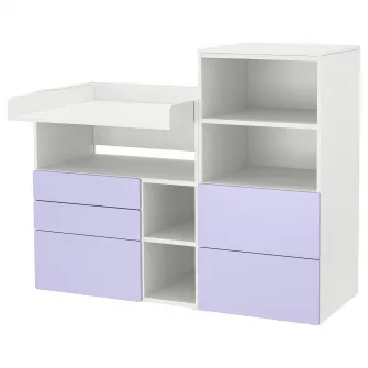 IKEA SMÅSTAD / PLATSA Masa infasat, alb lila/cu biblioteca, 150x79x123 cm