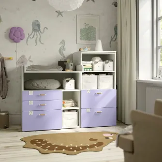 IKEA SMÅSTAD / PLATSA Masa infasat, alb lila/cu biblioteca, 150x79x123 cm