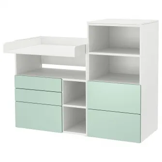 IKEA SMÅSTAD / PLATSA Masa infasat, alb verde deschis/cu biblioteca, 150x79x123 cm