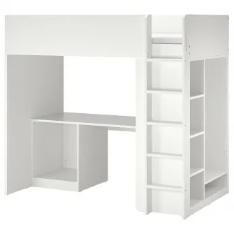 IKEA SMÅSTAD Cadru pat supraetj+birou+depozitare, alb, 90x200 cm
