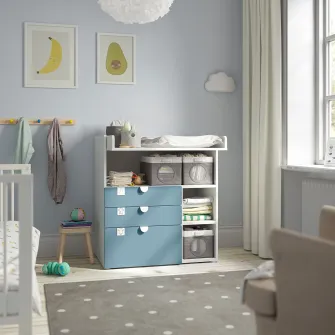 IKEA SMÅSTAD Masa infasat, alb albastru/+3 sertare, 90x79x100 cm