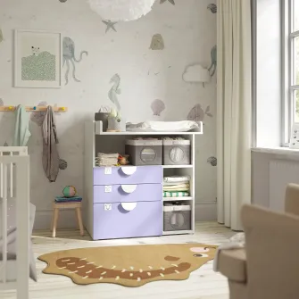 IKEA SMÅSTAD Masa infasat, alb lila/+3 sertare, 90x79x100 cm