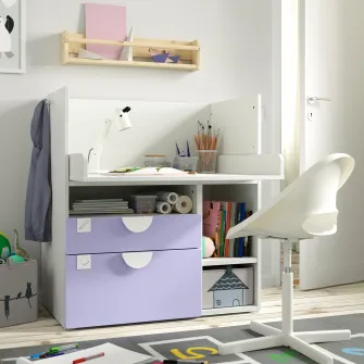 IKEA SMÅSTAD Masa infasat, alb lila/+3 sertare, 90x79x100 cm