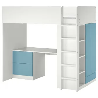 IKEA SMÅSTAD Pat supraetajat, alb albastru/cu birou +3 sertare, 90x200 cm