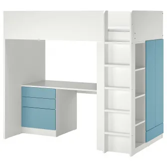 IKEA SMÅSTAD Pat supraetajat, alb albastru/cu birou + 4 sertare, 90x200 cm