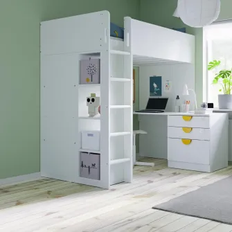 IKEA SMÅSTAD Pat supraetajat, alb albastru/cu birou + 4 sertare, 90x200 cm