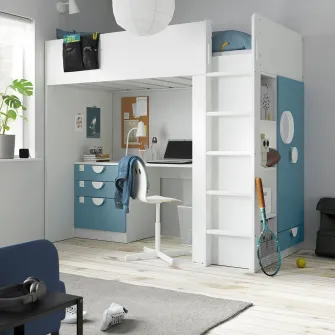 IKEA SMÅSTAD Pat supraetajat, alb albastru/cu birou + 4 sertare, 90x200 cm