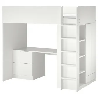 IKEA SMÅSTAD Pat supraetajat, alb alb/cu birou +3 sertare, 90x200 cm