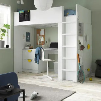 IKEA SMÅSTAD Pat supraetajat, alb alb/cu birou +3 sertare, 90x200 cm