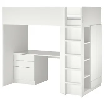 IKEA SMÅSTAD Pat supraetajat, alb alb/cu birou cu 2 polite, 90x200 cm