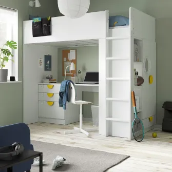 IKEA SMÅSTAD Pat supraetajat, alb alb/cu birou cu 2 polite, 90x200 cm