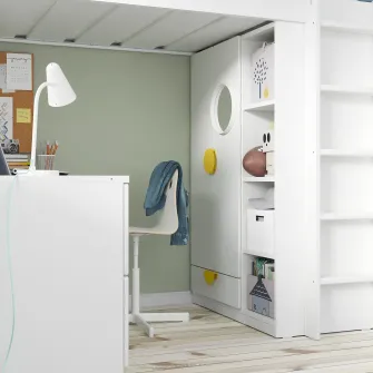IKEA SMÅSTAD Pat supraetajat, alb alb/cu birou cu 2 polite, 90x200 cm