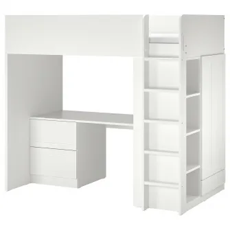 IKEA SMÅSTAD Pat supraetajat, alb cu cadru/cu birou +3 sertare, 90x200 cm
