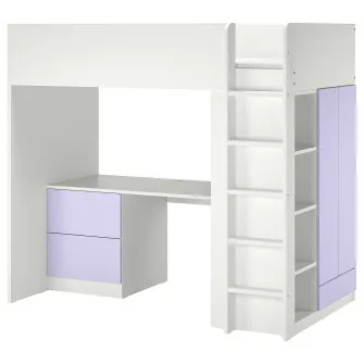 IKEA SMÅSTAD Pat supraetajat, alb lila/cu birou +3 sertare, 90x200 cm