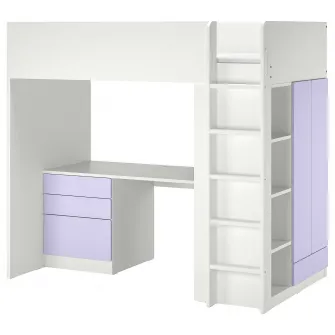 IKEA SMÅSTAD Pat supraetajat, alb lila/cu birou + 4 sertare, 90x200 cm