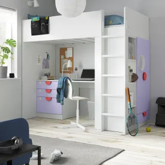 IKEA SMÅSTAD Pat supraetajat, alb lila/cu birou + 4 sertare, 90x200 cm